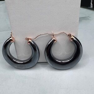 Sleek Gray Terahertz Hoop Earrings with Rose Gold Accents Sterling Silver Post